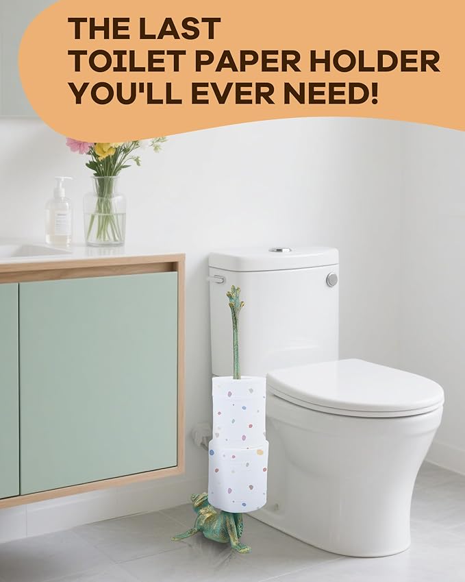 16.5" Golden-Green Frog Paper Towel Holder for Bathroom & Kitchen - Whimsical Cast Iron Free Standing Paper Roll Holder, Decorative Toilet Paper Stand with Weighted Base