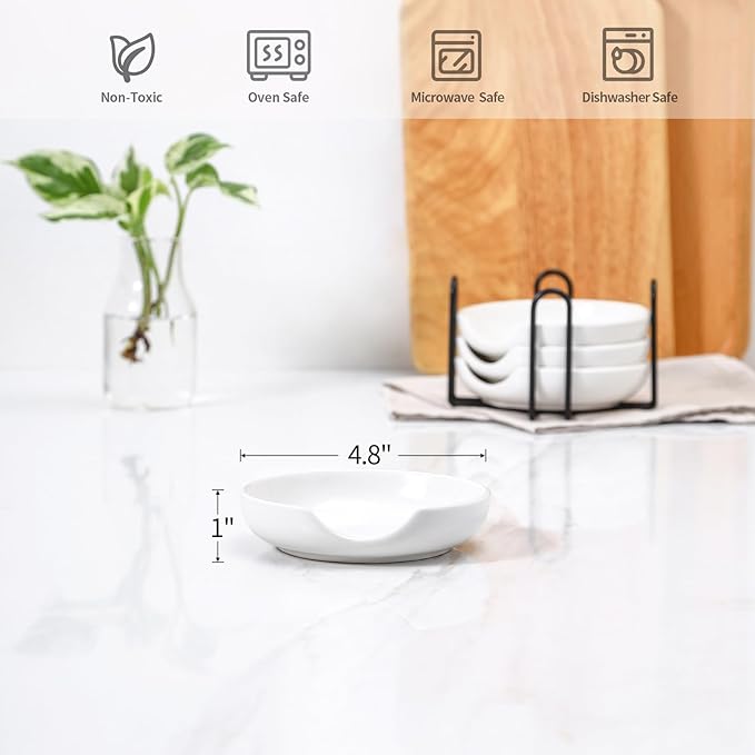 Selamica Ceramic Spoon Rest with Holder, 4.8 Inch Spoon Rest for Stove Top, Spoon Holder for Kitchen Counter, Coffee Spoon Holder, Utensil Rest for Cooking, Ladles, Tong, Set of 4, White