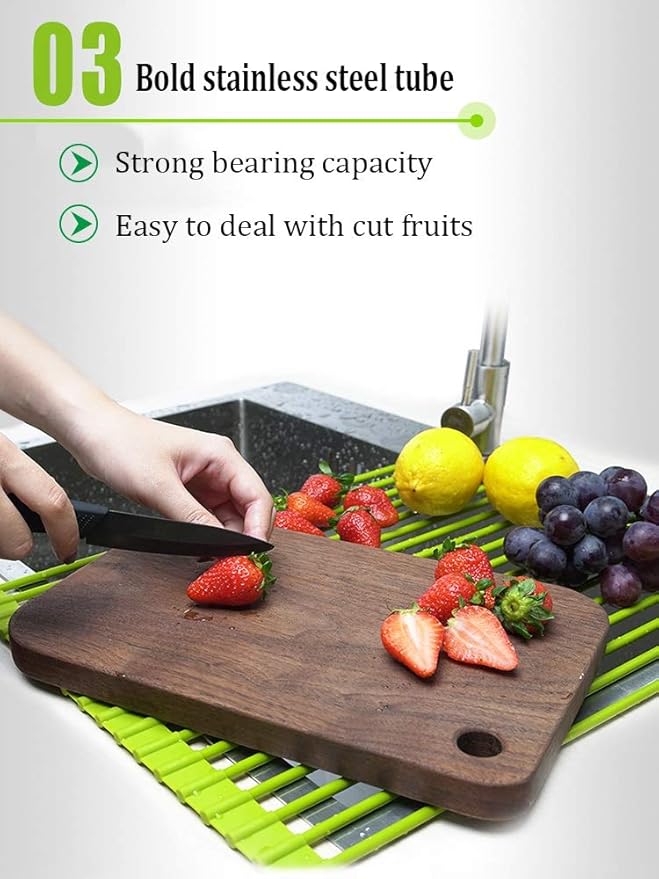 Green Creative Roll-Up Dish Drying Rack Stainless Steel and Silicone Dish Drying Mat Convenient Over The Sink Foldable Drain Rack - 43x33cm(43 * 33cm)