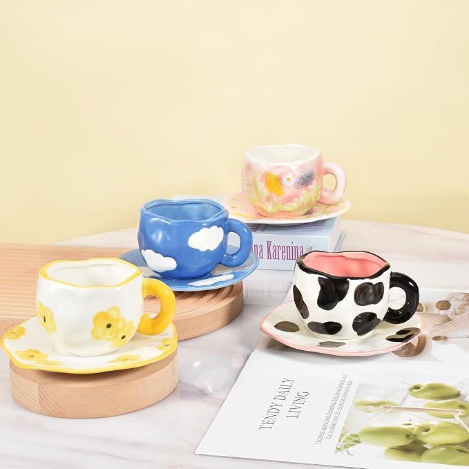 Koythin Ceramic Coffee Mug with Saucer, Cute Unique Handmade Cup for Women for Office and Home, Dishwasher and Microwave Safe, 10 oz/300 ml for Latte Tea Milk (Dark Blue Sky and White Clouds)