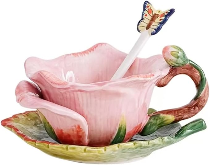 Ceramic Tea Cup and Saucer Set ，6OZ 3D Hand-Painted Flower and Lotus Leaf Coffee Mug，Gift for Women- Pink Rose