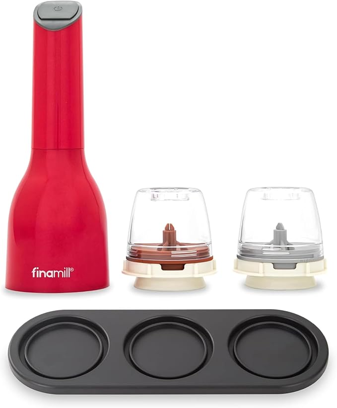 FinaMill Classic Battery-Operated Spice Mill Bundle with Black Trio Stackable Tray – One-Handed Grinder with Interchangeable Pods with Adjustable Coarseness - Valentines Day Gifts for Food Lovers