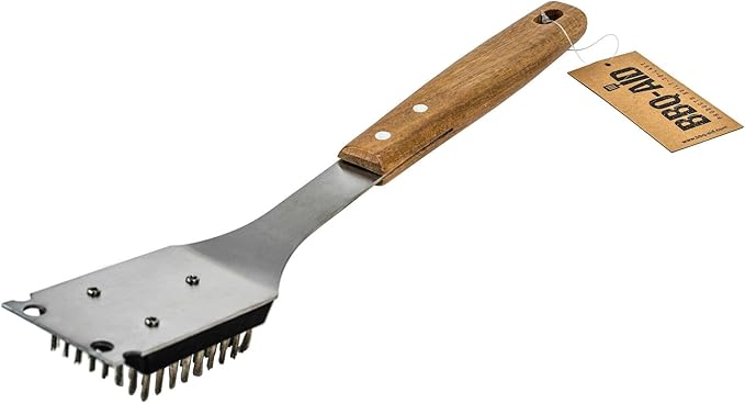 BBQ-AID Grill Brush and Scraper with 2 Replacement Heads - Extended, Large Wooden Handle and Stainless Steel Bristles – Safe, No Scratch Cleaning - Best for Any Grill: Char Broil & Ceramic