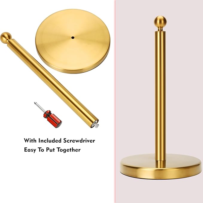 Gold Paper Towel Holder Countertop, Standing Paper Towel Roll Holder for Kitchen Bathroom, with Weighted Base for One-Handed Operation (Stainless Steel Base, Gold)