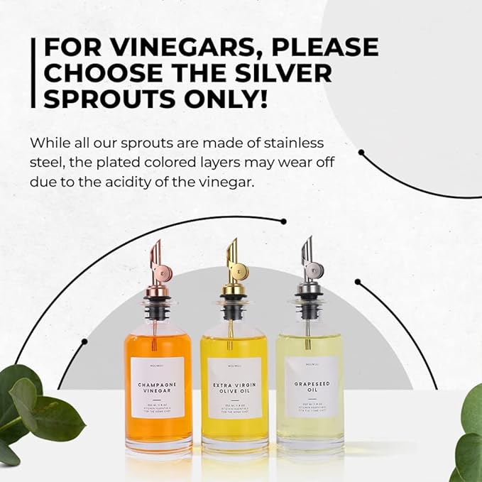Molimoli Oil and Vinegar Dispenser with Metal Pour Spout, Weighted Pourer, Glass Bottle Dispenser for Kitchen Weighted Stainless Steel Pourers, Pack of 4 (Pourers), 350ml Oil Bottles Black