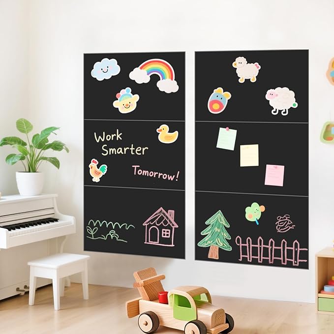 Magnetic Chalkboard Wall Decal Black Set of 6 Peel and Stick Magnet Sheets with Tangram Puzzle and Multiple Accessories Magnetic Chalkboard for Home Playroom and Classroom