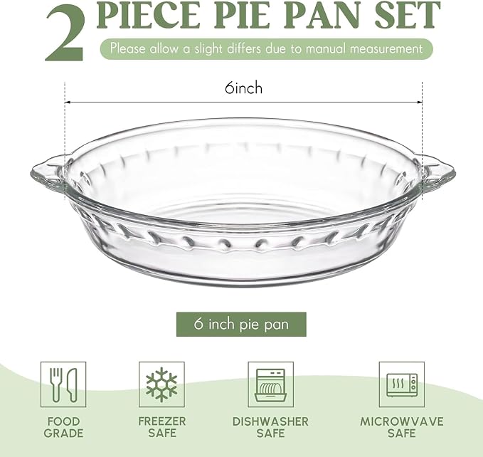 Uiifan 2 Packs 6 Inches Mini Glass Pie Pan for Baking 11.6 oz Clear Pie Plate with Handles Round Glass Dish for Baking and Serving, Snacks, Salads, Desserts