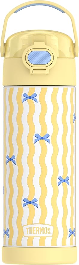 THERMOS FUNTAINER 16 Ounce Stainless Steel Vacuum Insulated Bottle with Wide Spout Lid, Wavy Bows