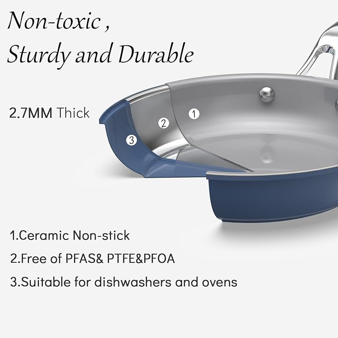 7-Piece Blue Ceramic Nonstick Cookware Set, Pots & Pans | 4 pots, 3 clear lids; stay-cool grips; 100% PFAS-free; 480°F oven & dishwasher safe; heavy daily family cooking routines