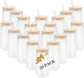 YOUKE OLA 20 Pack Sublimation Blank Beer Glass Cup Can Shaped Frosted with Bamboo Lids Borosilicate Glasses Tumbler Mason Jar Cups Mug with Glass Straw for Beer, Juice, Soda, Iced Coffee, Drinks 16oz