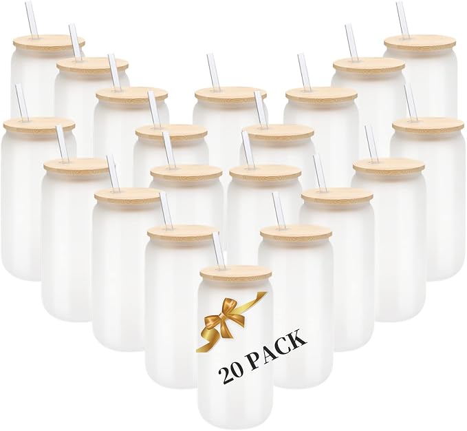 YOUKE OLA 20 Pack Sublimation Blank Beer Glass Cup Can Shaped Frosted with Bamboo Lids Borosilicate Glasses Tumbler Mason Jar Cups Mug with Glass Straw for Beer, Juice, Soda, Iced Coffee, Drinks 16oz