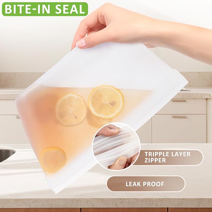 Ziplock Silicone Food Storage Bags Freezer, Bundle of 3 Compartment Silicone Bento Box Adult Lunch Container, Microwave Oven Dishwasher Safe
