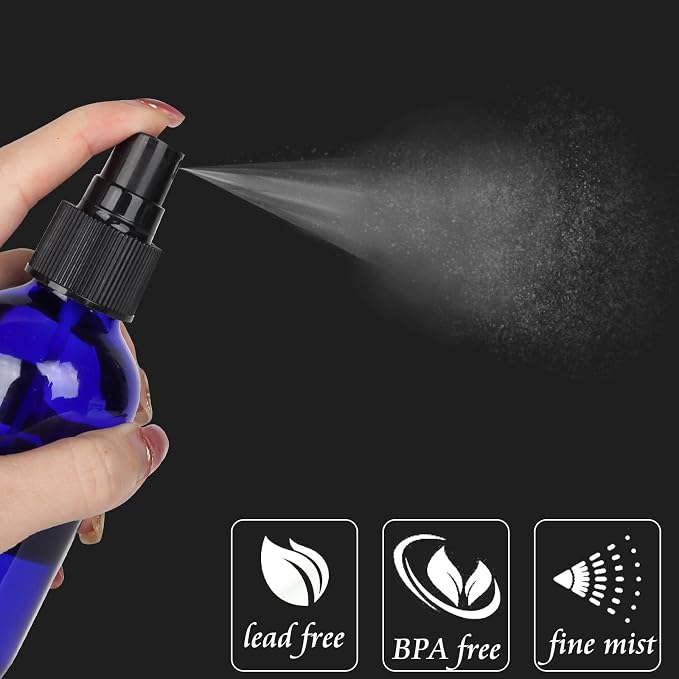 CycleMore 25 Pack 4oz Blue Glass Spray Bottles with Fine Mist Sprayers, Glass Travel Bottles for Cosmetic Essential Oils Cleaning Solutions Perfumes & More Liquids (1 Brush, 2 Funnels and 36 Labels)
