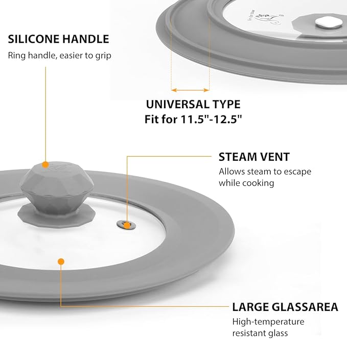 Set of 2 Vented Tempered Glass Universal Lid for Pot Pan Skillet with Heat Resistant Silicone Microwave Splatter Cover Microwave Safe Fit 6.5" 7" 7.5" and 11.5" 12" 12.5", Light Grey