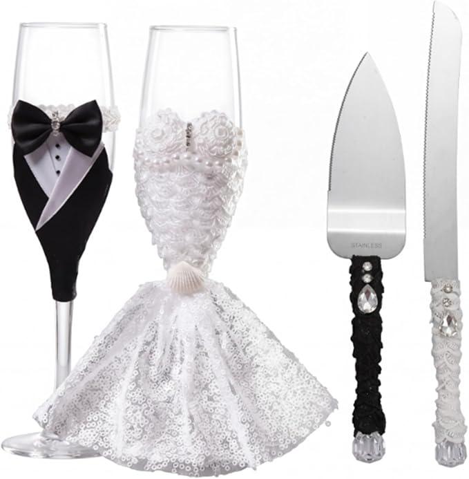 Boao Pearl Wedding Champagne Flutes and Cake Knife Server Set of 4, Champagne Flutes Toasting Glasses with Pearls for Bride and Groom Engagement Anniversary Bridal Shower Gifts (Stylish,Black White)