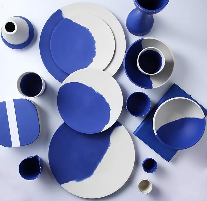 MORGIANA Bamboo Dinnerware Set, 8-Pieces Tableware Set, Eco-Friendly Plates, Cups, Bowls for Camping Picnic Outdoor Party (blue & white)