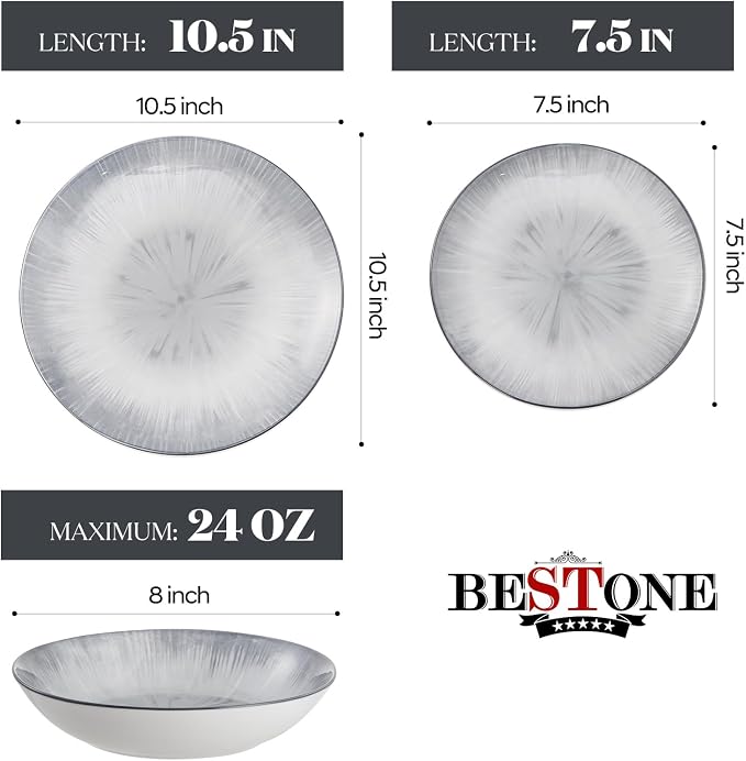 Bestone Porcelain Dinnerware Sets Service for 4, 12 pcs Hand drawn Plates and Bowls Sets, Handmade Ceramic Dish Set, Chip Resistant Modern Plate Set, Dishwasher/Microwave Safe，Gray