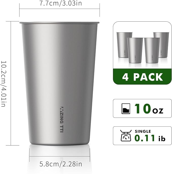 ZING TII Pure Titanium Pint cups,Healthy Unbreakable and Stackable,Metal Drinking Cups for Bar, Home, Restaurant，350ML/12oz