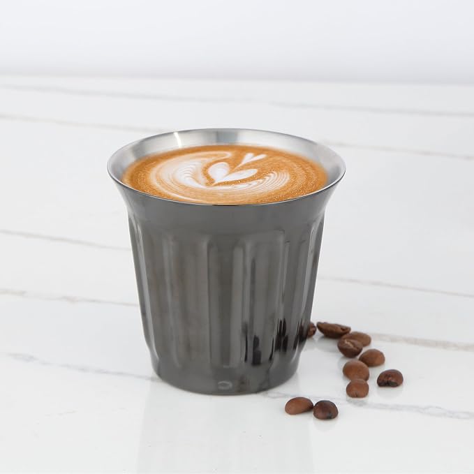 Easyworkz French Press 12 oz, Bundled Stainless Steel Double-Wall Espresso Cups 5 oz Set of 2, Vertical Stripe Design, Gunmetal
