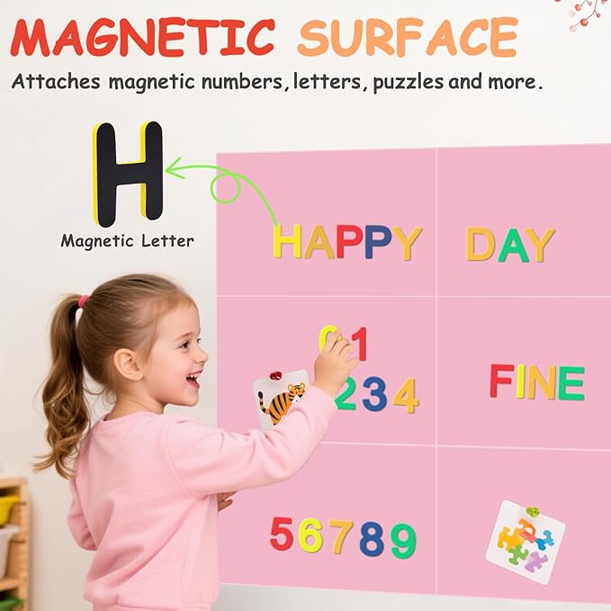 Magnetic Chalkboard Wall Decal Pink Set of 6 Peel and Stick Magnet Sheets with Chalk Tangram Puzzle and Multiple Accessories Magnetic Chalk Boardfor Home Playroom and Classroom