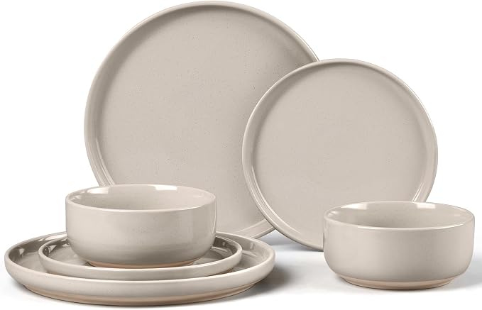 LIANYU Dinnerware Dishes Sets for 2, 6-Piece Stoneware Dinner Set, Ceramic Dining Bowls and Plates Crafted at 2400℉, Scratch Resistant, Microwave & Dishwasher Safe, Milky Brown