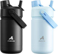 POWCAN 2 Pack 12 oz Kids Insulated Water Bottle for School: Leakproof, 2-in-1 Straw Spout Lid, BPA-Free, Keep Cold 24 Hrs, Stainless Steel Cup for Girls, Boys, Teens (Dark Knight & Sea Breeze)