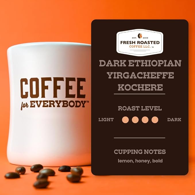 Fresh Roasted Coffee, Dark Ethiopian Yirgacheffe Kochere Whole Bean Coffee, Dark Roast, Kosher, 5 lb (80 oz)