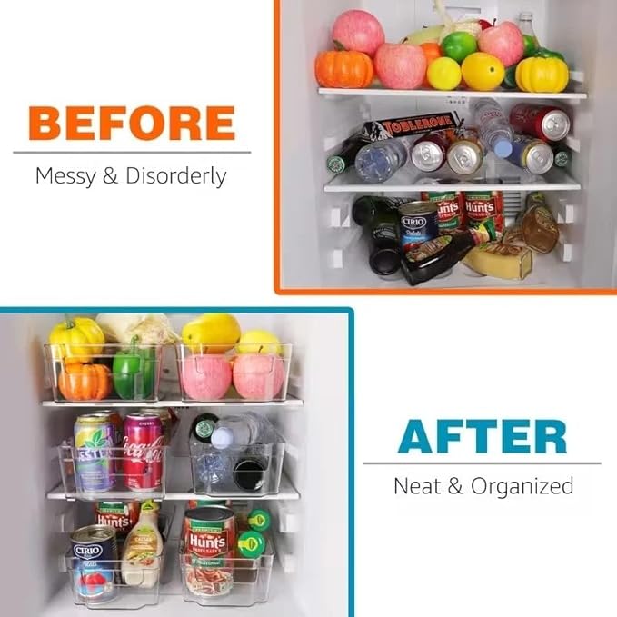 6-Piece Clear Plastic Storage Bin Set with Handles - Large (14.5"x7"x3.5") & Medium (12.4"x6.2"x3.5") Stackable Organizers, BPA-Free for Kitchen Pantry Fridge