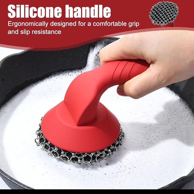 Cast Iron Cleaner, Stainless Steel Cast Iron Scrubber with Silicone Handle, Portable Kitchen Cleaning Brush for Kitchen Pots Pans Sink