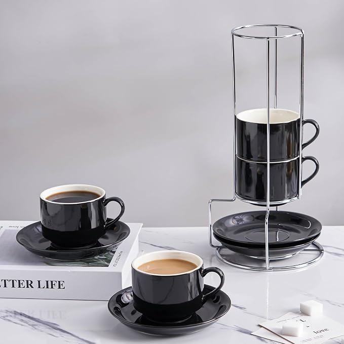 8oz Porcelain Cappuccino Cups with Saucers and Metal Stand, Stackable Coffee Cups for Specialty Coffee Drinks, Cappuccino, Latte, Espresso, Americano and Tea - Cups Set of 4, Black