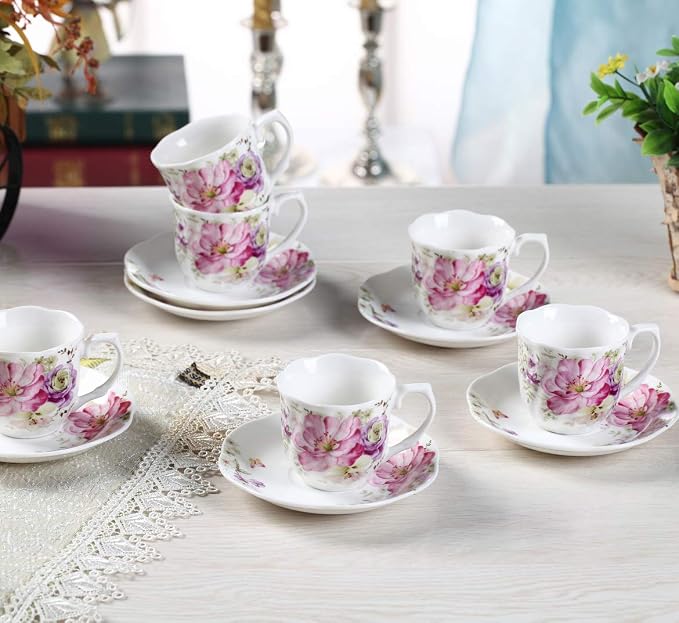 GuangYang 12 Pieces (Tiny Style) Espresso Cups and Saucers，2.5 ounce/80ml，Set of 6,Mini Premium Porcelain Coffee Cup Set, Fancy Flower Pattern Design