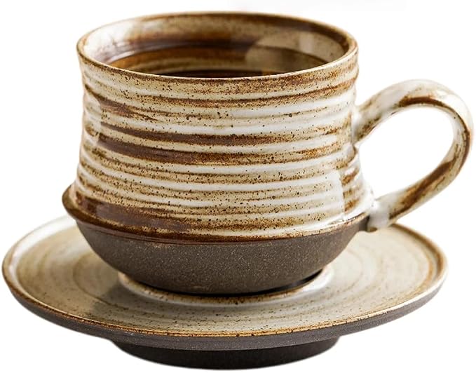 210ml Ceramic Mug Saucer Set Home Wabi Sabi | retro, artisan, original design, minimalist, durable, latte, afternoon tea