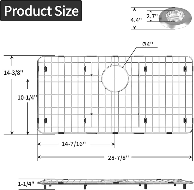 28-7/8’’ x 14-3/8’’ Sink Protectors for Kitchen Sink, Stainless Steel Kitchen Sink Protector, Sink Grate for Bottom of Kitchen Sink with Rear Drain, Sink Grid for Single Bowl Kitchen Sink