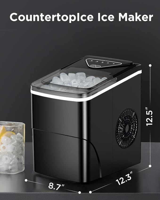 Totnz Countertop Ice Maker - Self-Cleaning Ice Machine, 26 Lbs in 24 Hrs, Compact Ice Makers with Ice Basket & Scoop, 2 Ice Sizes for Party/Dorm, Black