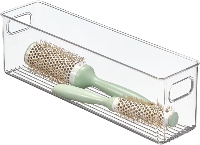 mDesign Plastic Bathroom Storage Container Bins w/ Handles - Closet, Cabinet, Vanity, Cupboard Shelf Organization, Hair Tools Accessory Organizer - Ligne Collection; Clear, 15.4x3.75x4.75 (Pack of 4)