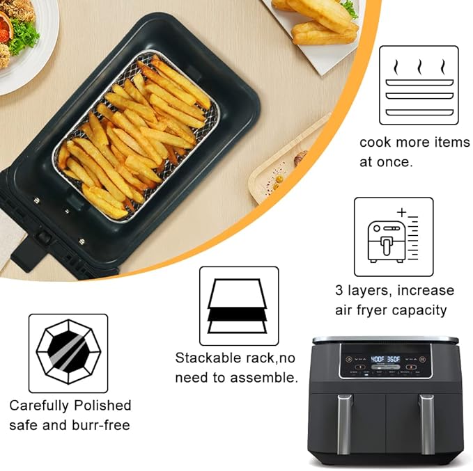100PCS Dual Air Fryer Paper Liners & 3pcs Stackable Air Fryer Rack for Ninja Double Airfryer, Rectangle Air Fryer Parchment Paper for Ninja DZ201/DZ401/DZ550/SL401 & More, Ninja Airfryer Accessories