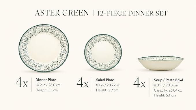 Tudor Royal 12-Piece Round Porcelain Dinnerware Set, Service for 4 - Aster Green Design, Multicolor Floral, Plates Bowls Mugs Dishes, Premium Quality Tableware, Unique Pattern, Glossy