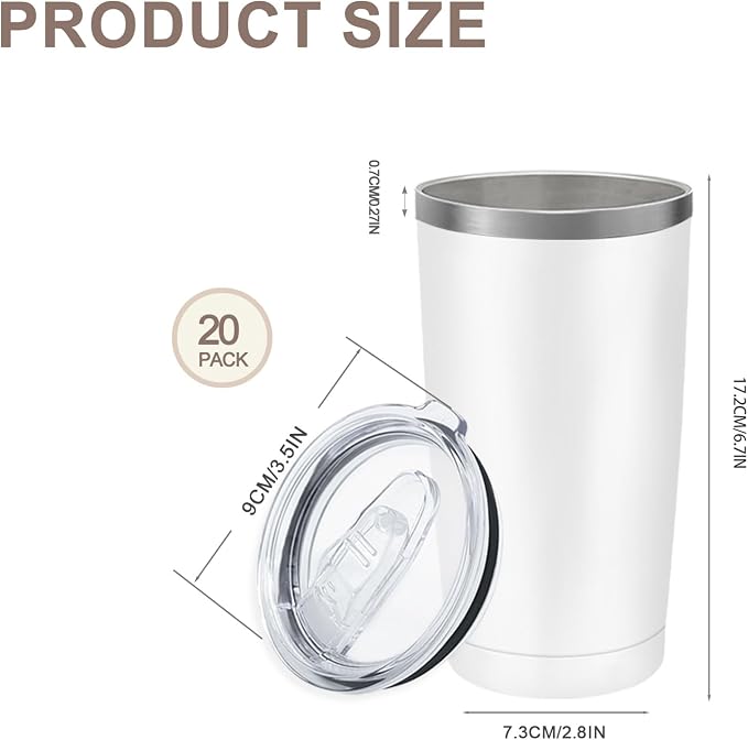 YOUKE OLA 20 Pack Stainless Steel Tumbler Bulk Insulated Vacuum Travel Mug Powder Coated Coffee Mug Gift for Laser Engrave, 20oz White