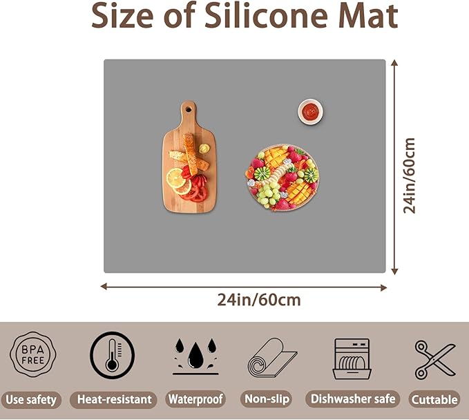 24''x24''(60cmx60cm) Silicone Mat for Kitchen Counter, Non-Slip Heat Resistant Countertop Protector, Waterproof Durable Kitchen Mat for Countertops, Islands (Light Gray)
