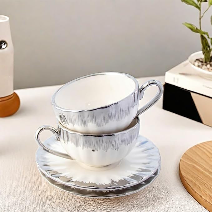 CHANJOON 6 Teacups Tea Tray Spoon Set, 6oz with Galvanized Gold Rim and Gift Box, Ceramic White English Coffee Teacup (silver, medium)