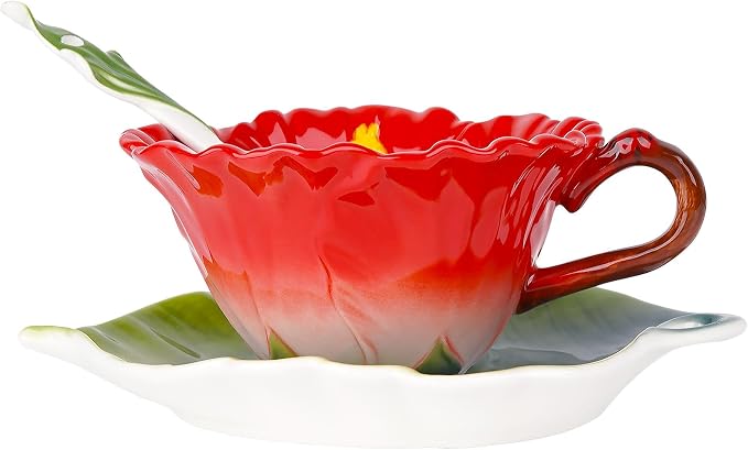 Hibiscus Flower Tea Cup and Saucer Set 6 Oz, Enamel Flower Porcelain Coffee Cup Saucer Set with Spoon for Women, Hand Crafted Tea Set (Hibiscus)