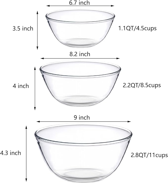 Borosilicate Glass Mixing Bowls Set of 3 (2.8, 2.2, 1.1QT) - Heavy Duty, Scratch Resistant, Non-Toxic & Lead-Free – Oven/Microwave/Dishwasher/Freezer Safe – Ideal for Meal Prep, Baking & Serving
