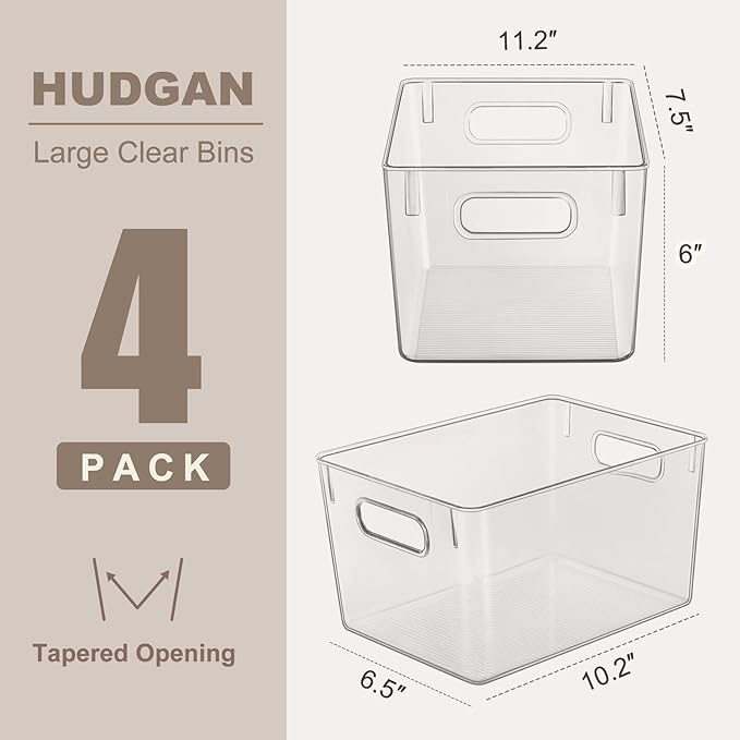 Hudgan Set of 4 Clear Plastic Storage Bins, 4 Large Storage Containers for Pantry Organizers, Home Edit, Kitchen Cabinet, Refrigerator, Under Sink Organization, Bathroom, Office
