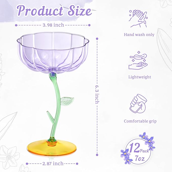 12 Pcs Purple Plastic Ribbed Coupe Glasses Detachable 7oz Flower Cocktail Glasses Modern Wavy Plastic Cocktail Coupes Disposable Martini Glasses Mimosa Glassware champagne goblets (12, Purple)