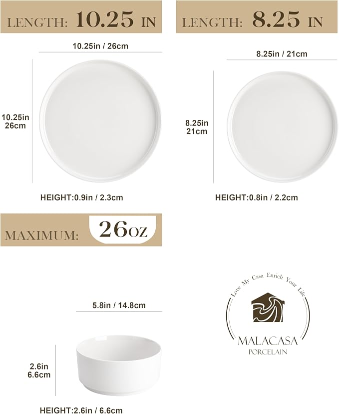 MALACASA 24 Pieces Porcelain Dinnerware Set, Modern White Dish Set for 8, Premium Serving Plates and Bowls Sets, Chip and Scratch Resistant Dishware Sets Kitchen Dishes Dining Ware Set, Series LEAH