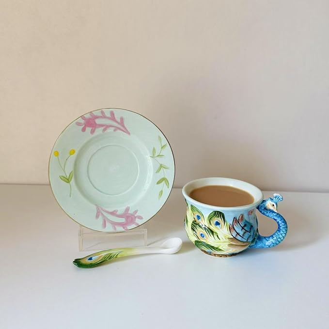 Ceramic Tea Cup and Saucer Set ，6OZ 3D Hand-Painted Peacock Coffee Mug，Gift for Women