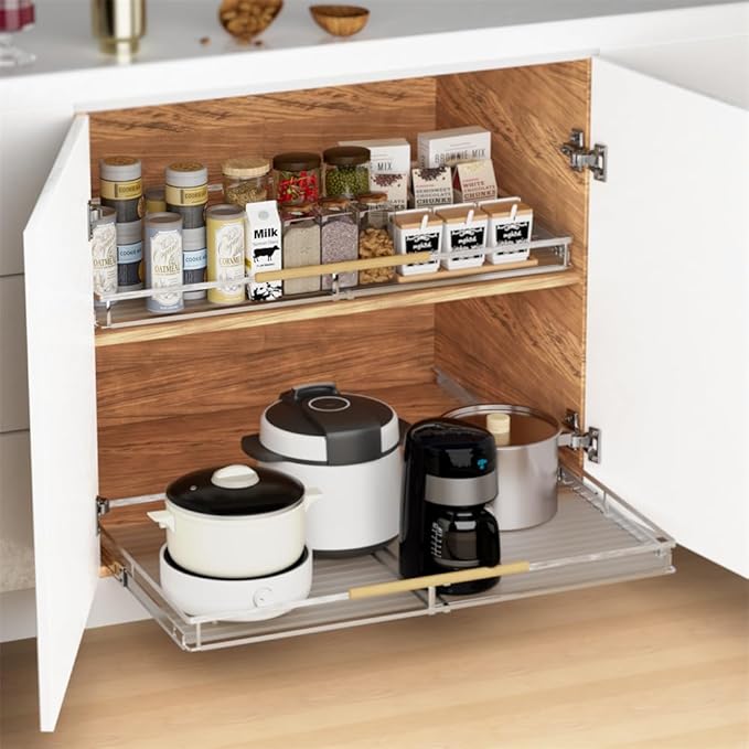 SANNO Pull Out Cabinet Organizer,Slide Out Cabinet Drawer Shelf Organizer, Bottom-Mounted shelf Organize for Home, Kitchen,Pantry, expandable width 20.86 to 37.86"