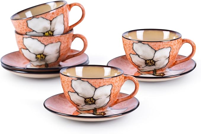 8 Oz Floral Porcelain Cappuccino Cups with Saucers Set of 4, Stoneware Tea Coffee Mugs for Home Kitchen & Office, Dishwasher Microwave Oven Safe, for Espresso, Latte, Americano, Milk & Tea, Pink