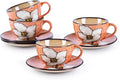 8 Oz Floral Porcelain Cappuccino Cups with Saucers Set of 4, Stoneware Tea Coffee Mugs for Home Kitchen & Office, Dishwasher Microwave Oven Safe, for Espresso, Latte, Americano, Milk & Tea, Pink