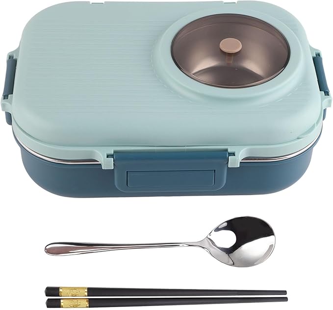 Thermal Lu Box For Hot Food Thermal Tazon,Lu Box Lu Box Thermal Lu Box 1100Ml Double Layer 3 Grid Design 304 Stainl Steel Box With Chopsticks Spoon Soup Bowl G (Blue)
